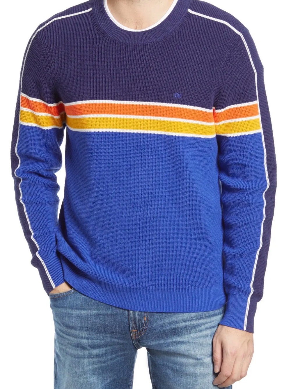 Outerknown Nostalgic Sweater NWT Men's Large Blue Rainbow 70s Surf Waffle Knit